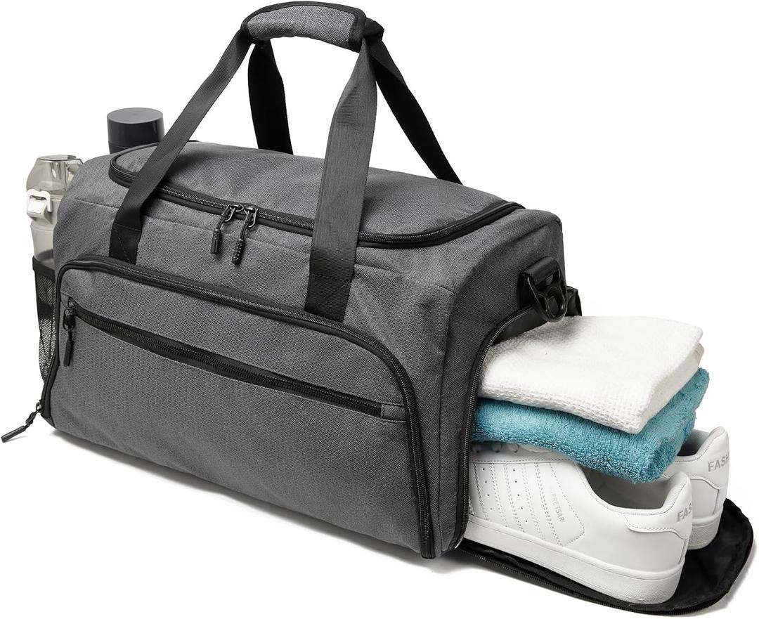 Gym Bag for Men Women, Small Fitness Workout Sports Bag with Wet Pocket & Shoes Compartment, Water Resistant Overnight Weekender Duffel Bag (Grey)