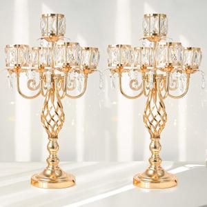 23.2 inch Tall Elegant and Chic 5 Arm Pendant Crystal Candlestick Holder Table Decoration tealight Candle Holder, Candelabra for Gorgeous Wedding/Parties Table Centerpiece (2, Gold)