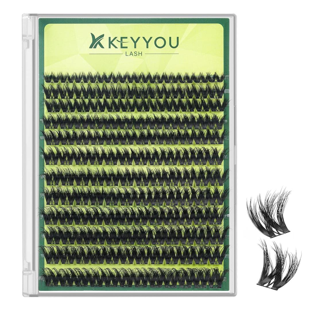 KEYYOU Lash Clusters 3D Effect Volume Eyelash Clusters Flaunt Style 144PCS D Curl Flora Wispy Look LengthLock 818mm Mix Ultra-Thin Black Band (PuffSilk V3D01)