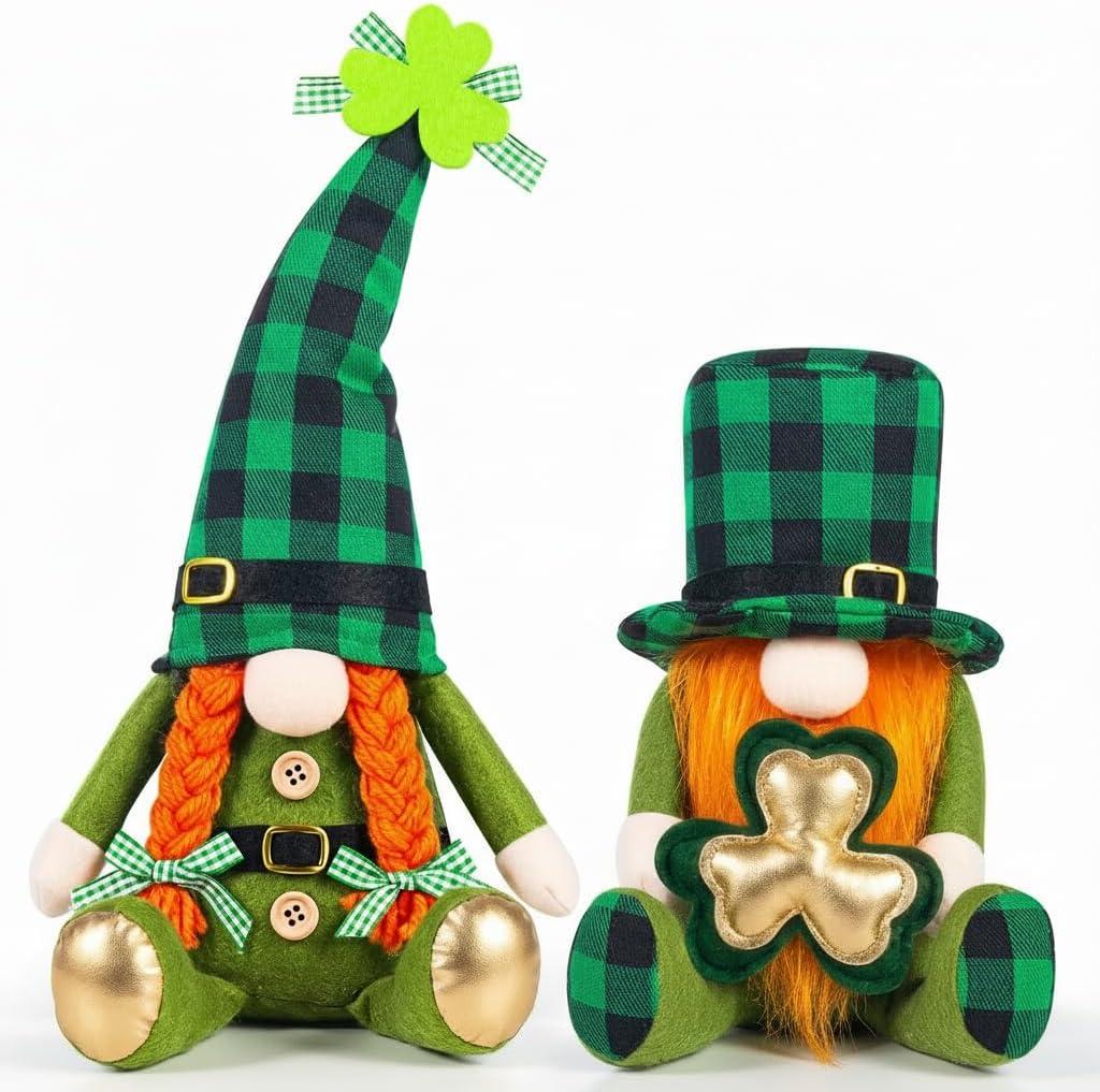 LEKSON St Patricks Day Decorations Gnomes Set, Lucky Shamrock Boy & Girl Irish Gnome with Weighted Bottom, Shelf Sitters for Tiered Tray, Farmhouse Mantel, Table & Home Decor Gift