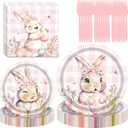 80Pcs Easter Paper Plates Napkins Forks Easter Tableware Set Flower Egg Bunny Disposable Dinnerware Religious Spring Picnic Favors Bunny Party Decorations (Pink-Bunny)