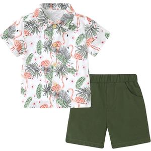 Coco&RARA Toddler Boy Clothes Baby Flamingo Hawaiian Outfits Short Sleeve Shirt + Elastic Waist Shorts Summer Beach Set (18-24 Months)
