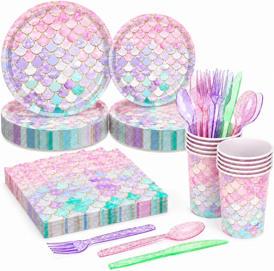 168Pcs Mermaid Birthday Decorations Mermaid Party Supplies Includes Plates, Napkins, Cups, Cutlery for Girls Baby Shower Ocean Birthday Party Decorations, Serves 24
