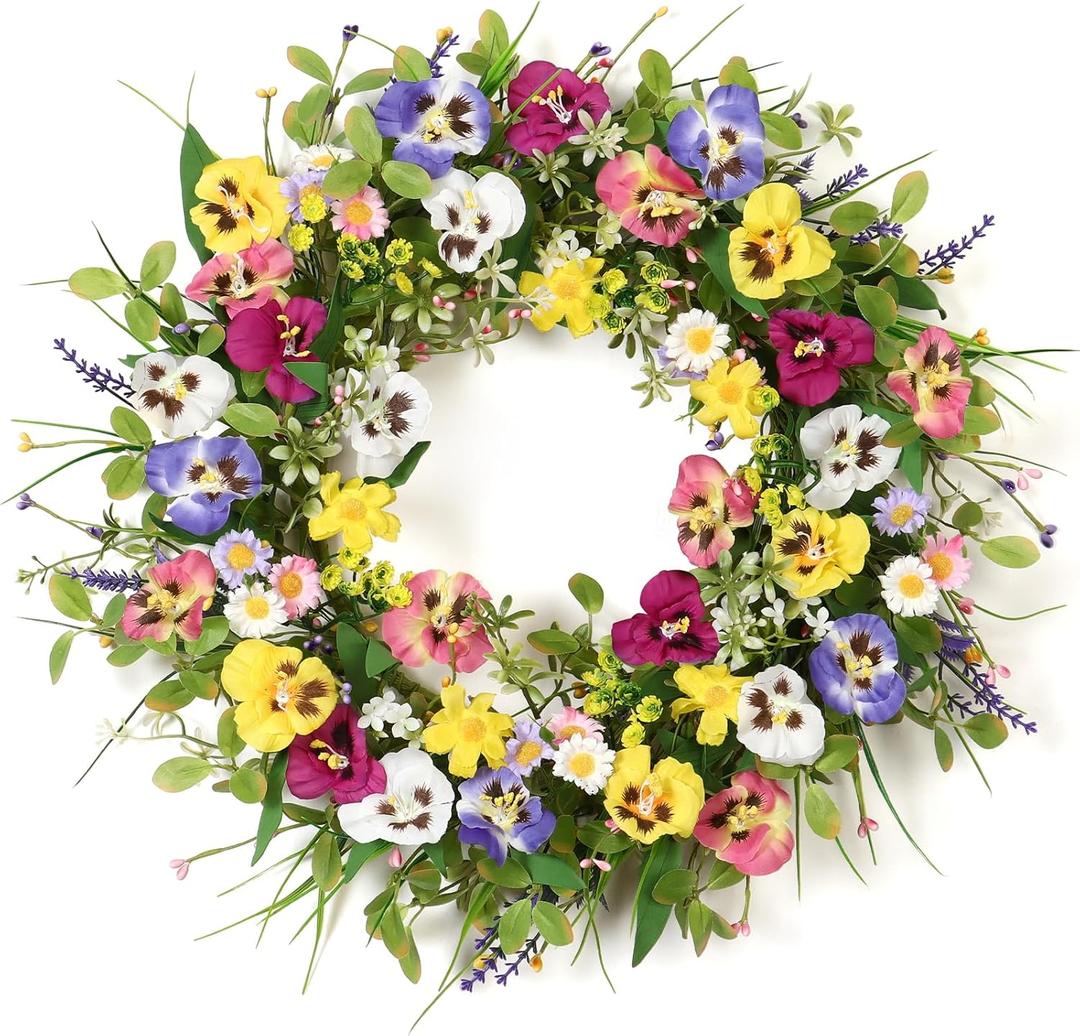 Summer Wreaths for Front Door 20 Inch Artificial Flower Pansy Wreath with Green Leaves Daisy Lavender Fern Wreaths Silk Summer Door Wreath for Farmhouse Outdoor Festival Wall Decor