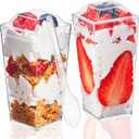 TOFLEN 50 Pack 3 oz Square Mini Dessert Cups with Lids and Spoons Clear Plastic Dessert Shooter Cups for for Party, Yogurt, Parfait, Cheesecake, Pudding, Jello and Appetizers