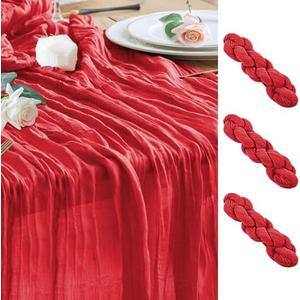 Wokceer Cheesecloth Table Runner 3Pack 10FT Red Boho Gauze Christmas Cheese Cloth Table Runner for Party Easter Rustic Sheer Table Runners for Baby Bridal Shower Wedding Table Decor