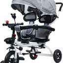Kids Tricycle,Tandem Trike Tandem Tricycle with Double Seat and Canopy, Anti-Rollover Rubber Wheel Double Baby Stroller Daycare Trike Toy for Boy and Girl Gifts,Preschool Playground Equipment Grey