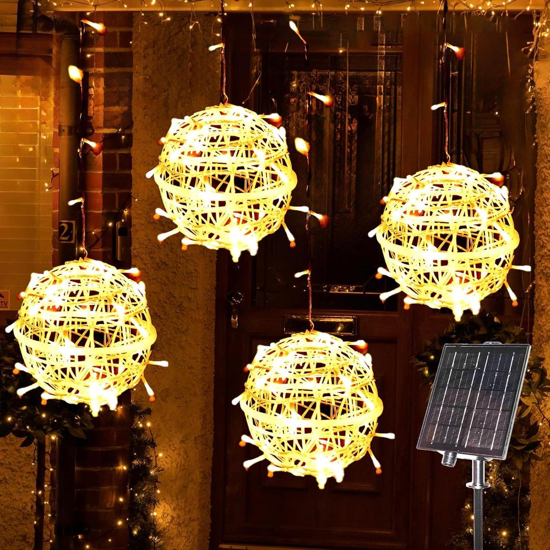Christmas Solar String Lights Outdoor, 4Pc 160LED 29.5ft Solar Powered Globe Fairy Lights Waterproof, 8 Modes Ball Lights Outside for Tree Garden Yard Porch Lawn Holiday Decor, Warm White