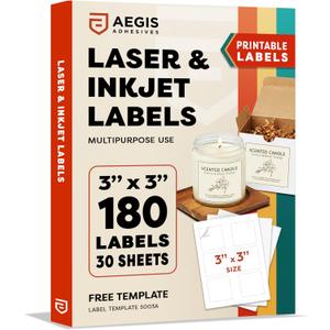 3" X 3" Square Printable Labels for Inkjet and Laser Printers - 30 Sheets, 180 Matte White Custom Stickers for Business Logos, QR Code Stickers, Product Labeling - Aegis Adhesives Template S003A