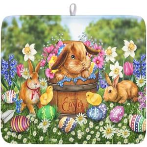 Easter Bunnies Eggs Dish Drying Mat for Kitchen Counter,Spring Colorful Flowers Drying Mat 16 x 18 Inch with High Absorbent Microfiber Drainer Mat for Coffee Bar