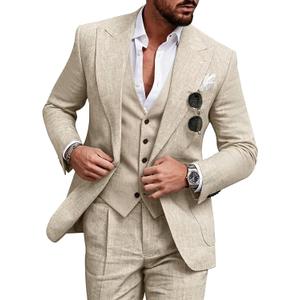 Retro Beige Linen Mens Suit Notched Lapel Slim Fit Cream Wedding Suits for Men 3 Pieces Light Weight Jacket Blazer Homecoming (Beige, M)
