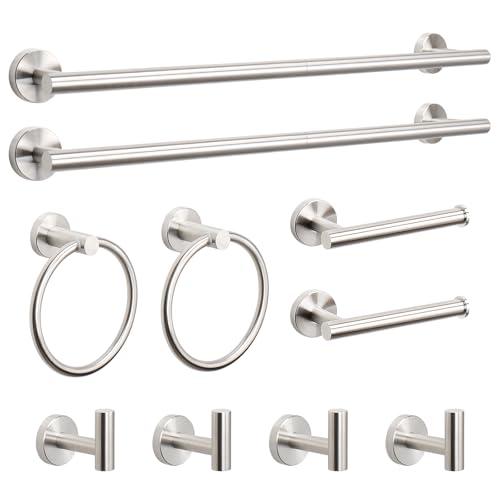 NearMoon 10 Pieces Bathroom Hardware Set SUS304 Thicken Stainless Steel-Towel Rack Kit Include 24" Towel Rod + Bath Towel Ring + Toilet Paper Holder + Robe Towel Hooks Bath Accessories (Nickel)