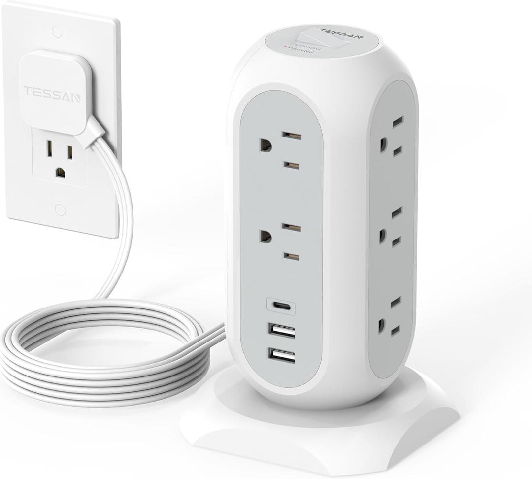 Tower Power Strip Flat Plug with 11 Outlets 3 USB (1 USB C), TESSAN Surge Protector Tower 1625W/13A,1050J Protection, 6 Feet Extension Cord with Multiple Outlets, Office Desk Supplies, Dorm Essentials (White)