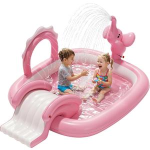 QPAU Elephant Kids Pool with Slide and Sprinkler, Inflatable Play Center with 4 Rings, 72 64 37 in, Fast Inflation Kiddie Pool for Garden & Backyard, Birthday Gift for Ages 1+ (Pink)