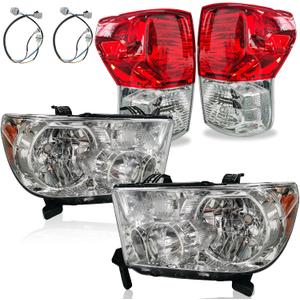 4PCS Headlights and Tail Lights Assembly Set For 2007 2008 2009 2010 2011 2012 2013 Toyota Tundra Pickup Replacement HeadlampsW/Leveling Adjuster Chrome Housing Clear lens Rear Brake Lamps Kit(LH&RH)