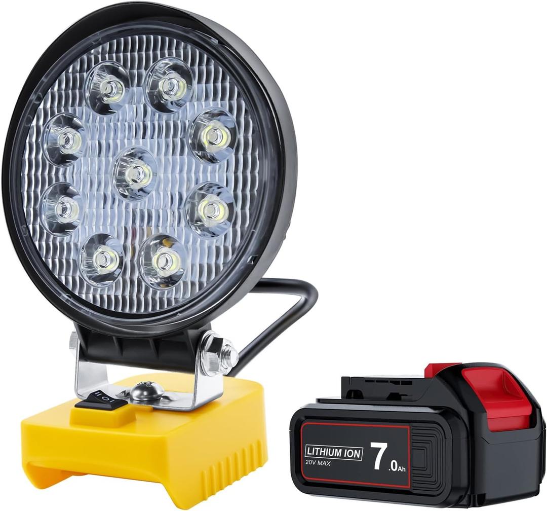 Cordless 20V Max LED Work Light for Dewalt 20V Work Light(Bonus 1Pack 7.0Ah Battery Included)-2000LM Flashlight&LED Flood Light with Low Voltage Protection Port-Perfect for Workshop,Camping,Outdoors