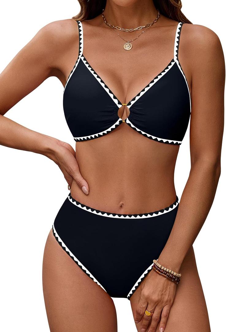 Blooming Jelly Womens Bikini Sets Color Block Two Piece Swimsuit O Ring Stitched Bathing Suit 2026 (Large, Black)