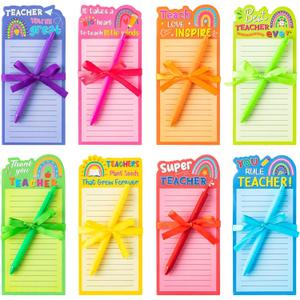 ANGOLIO Teacher Appreciation Notepads with Pens - Thank You Gifts 24Pcs Boho Ranibow Lined to Do List Sticky Notes Pens Appreciation Gift for Teacher Student Office Birthday Back to School Supplies
