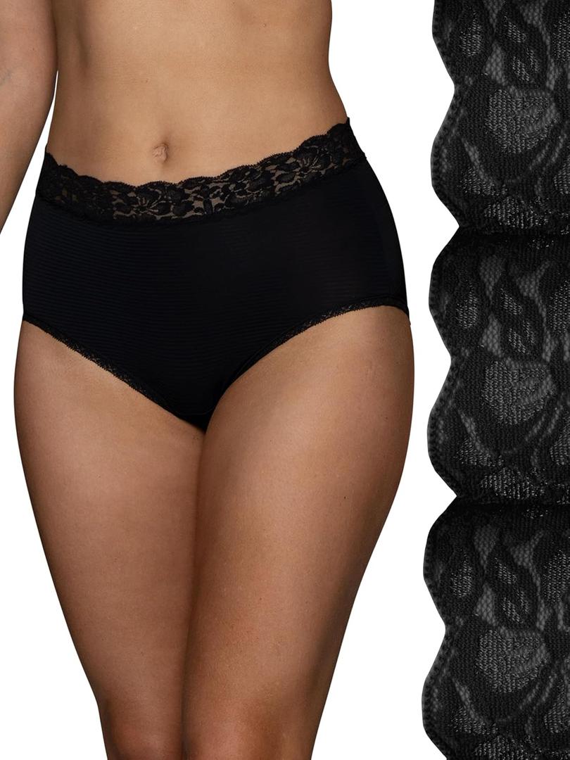 Vanity Fair womens Flattering Lace Panties Underwear, Brief - 3 Pack Black/Black/Black Stripe, Medium US