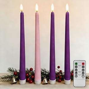 Ni-JASW Advent Flameless Taper Candles with Remote, Flickering Pink Purple Christmas LED Candlesticks Battery Operated Set of 4