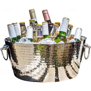 BREKX Hammered Stainless-Steel Beverage Tub, Double-Walled Insulated Anchored Drink Tub & Ice Bucket with Double Hinged Handles, Drink Chiller for Parties, 12 Quarts