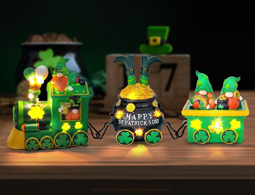 Hexagram St Patricks Day Decorations, Lighted St Patricks Day Gnomes Decor, Saint Patrick Decorations for Table, Train Tabletop Decorative Ireland Centerpiece Leprechaun Figurines Resin