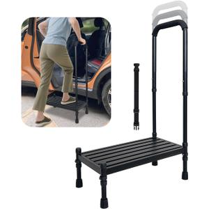 Car Step Stool with Handle for Elderly, Medical Handicap Step Stools with Handrail, Seniors Bed Steps for High Beds, Heavy Duty Metal Stepping Stool with Safety Step Platform, Vehicle Step Up Assist (Black)