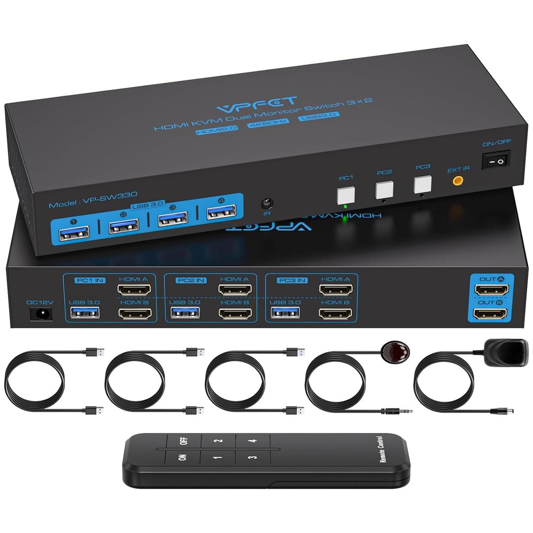 HDMI KVM Switch 2 Monitors 3 Computers EDID Simulation 4K@60Hz 3 Ports KVM Switches Dual Monitor for 3 PC Share 4 USB 3.0 Ports and 2 Screens with 3 USB Cables