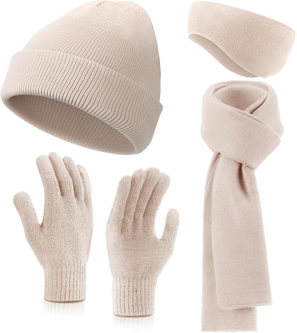 Breathffy 4 Pcs Winter Hat Scarf Gloves Headband Set Knit Beanie Touch Screen Gloves Long Scarf Valentine Gift for Women Men (Beige)