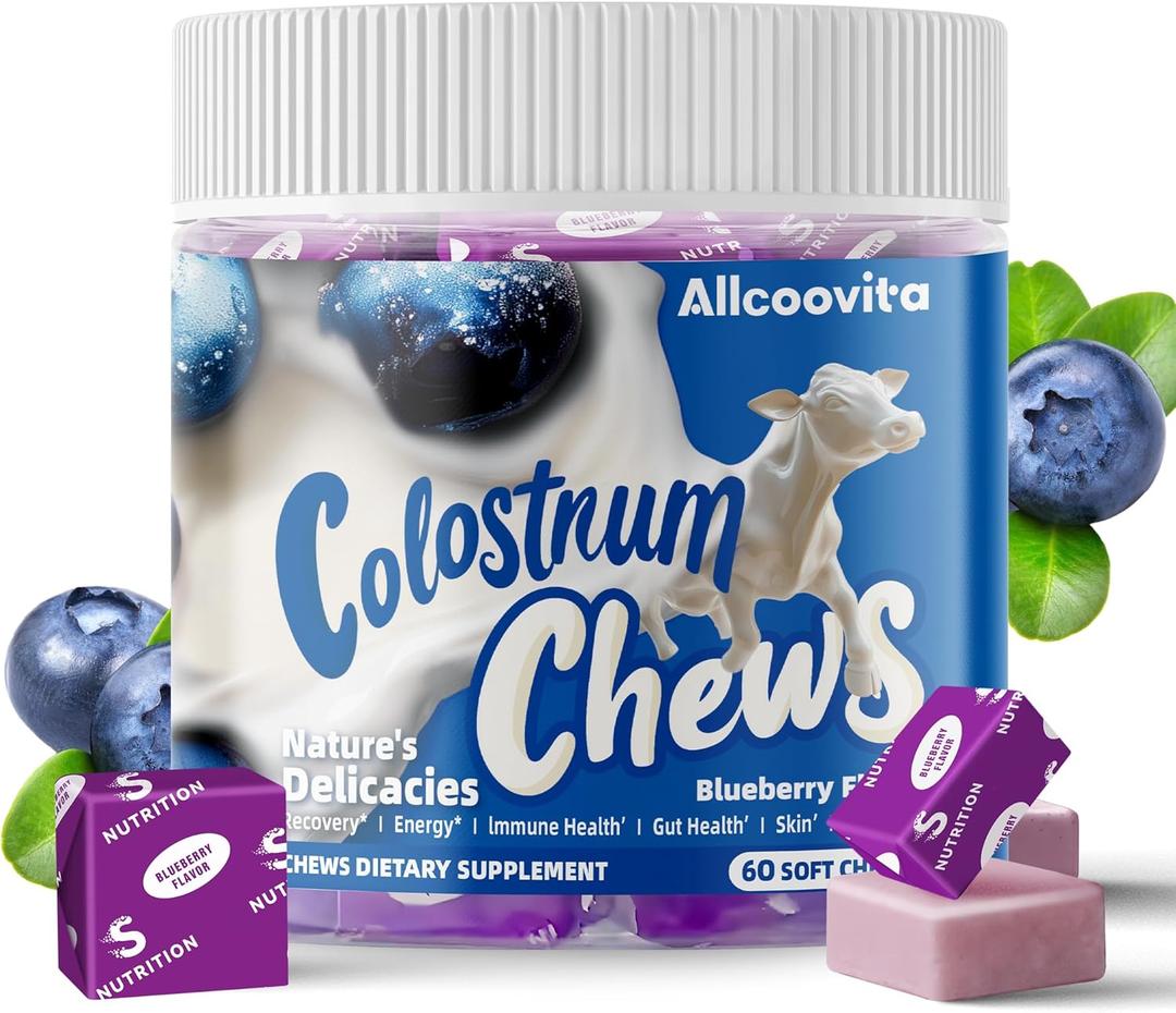 2 x Allcoovita Bovine Colostrum Chews Supplement with probiotics for Gut Health, Bloating, Immune Support, Skin, Hair Growth and Beauty - Blueberry Flavor (60 Servings)