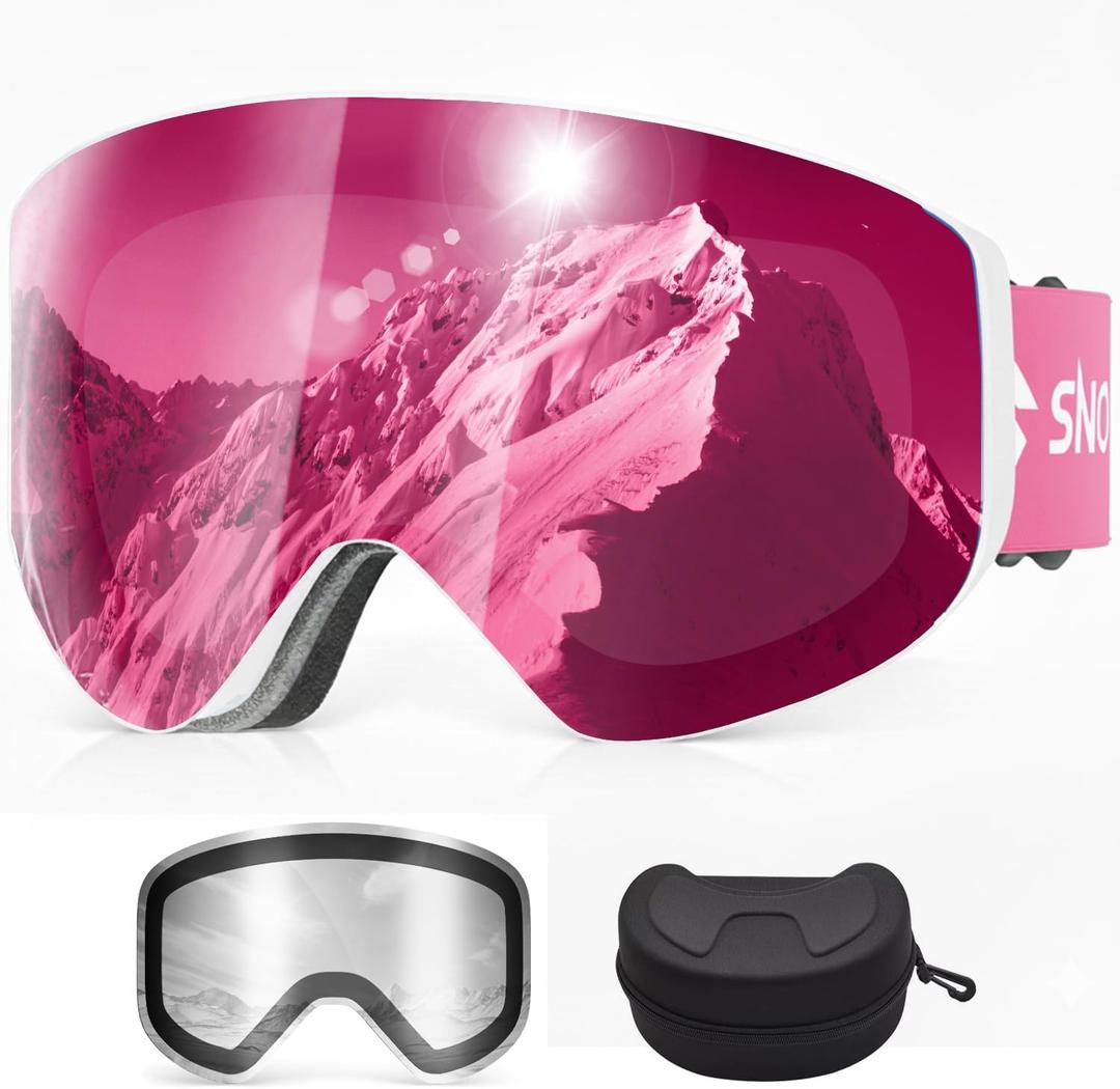 Ski Goggles, Snowboard Goggles with 2 UV400 Anti-Fog Detachable Magnet Lenses for Men & Women Adult (Ver.2 Sakura(vlt 35%)+clear(vlt 83.5%))