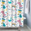 Dreamy Theme Bathroom Dino Dinosaur Rainbow Magical Shower Curtain with Hooks, Waterproof Polyester Fabric, 48x72 Inch