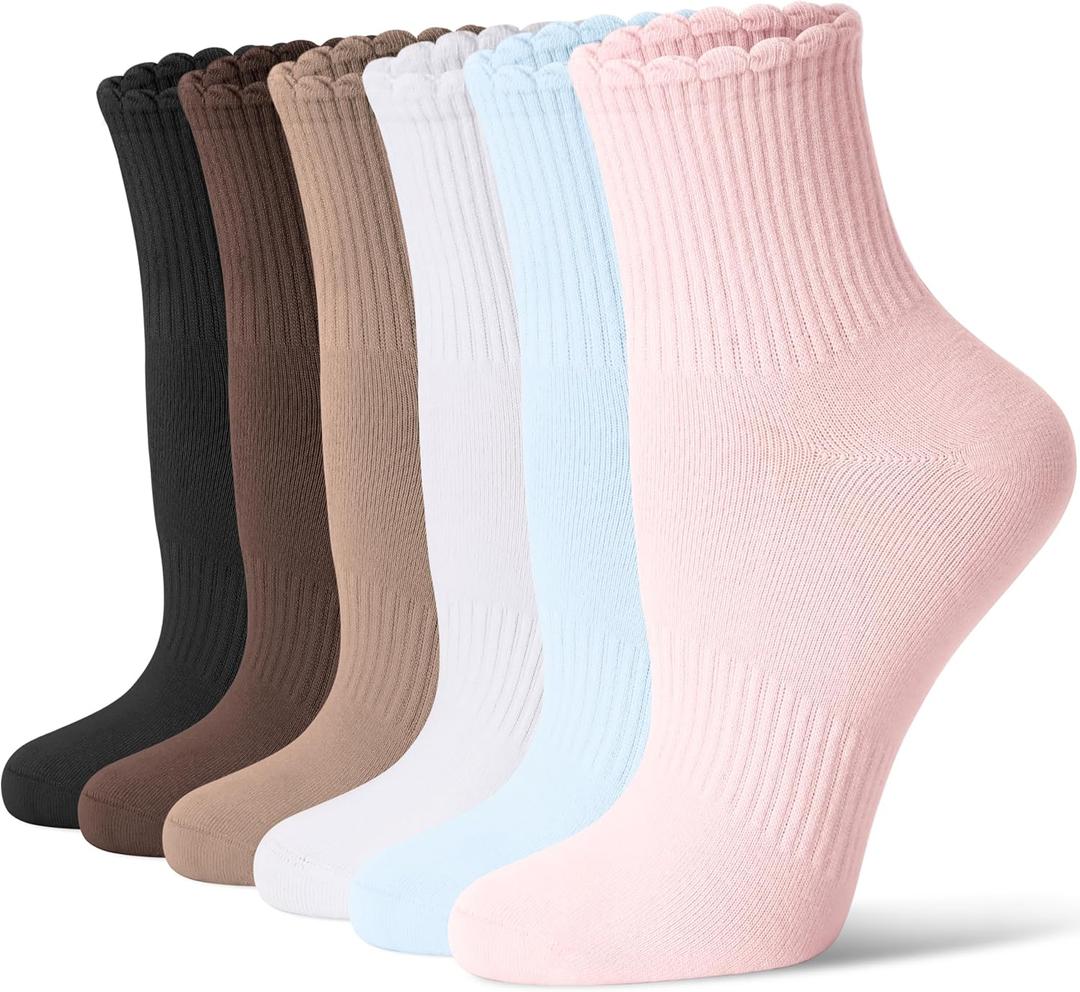 CS CELERSPORT Women's Mini Crew Ankle Socks with Scalloped Top,Pack of 5 | Pre-Washed Cotton Fabric,Seamless Toe,Casual Socks to Match Loafers,Birkenstocks and Boots for Daily Wear (S)