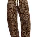 GRAPENT Barrel Jeans for Women Trendy High Waisted Pull On Wide Leg Cropped Leopard Cheetah Print Stretchy Denim Pants (Brown, S)