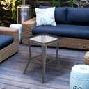 VINGLI Outdoor Side Table with Storage Wicker Patio Side Table, Tempered Glass Top End Table for Balcony Porch Deck (Grey), 18 inches x 18 inches x 22.6 inches