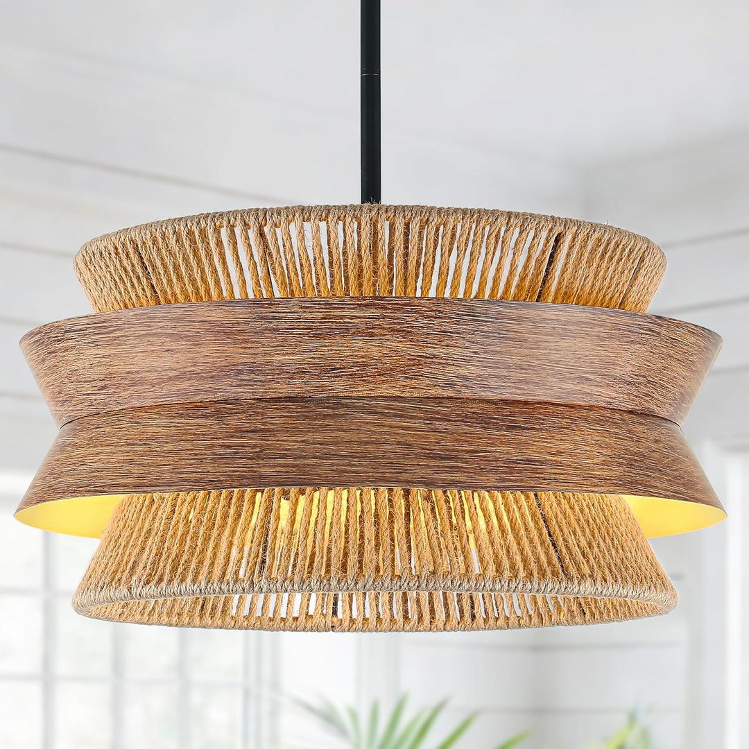 19.7" Hand-Woven Rattan Chandelier for Dining Room, 4-Light Boho Farmhouse Adjustable Hanging Light Fixture for Kitchen Island Living Room Bedroom Hallway