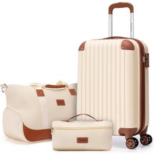 Carry On Luggage Sets 3 Piece, 20 Inch Luggage 22x14x9 Airline Approved with Wheels and TSA Lock, ABS Lightweight Hardshell Travel Suitcase Set with Duffel Bag Travel Bag for Men Women (Beige)