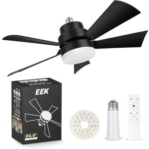 EEK Socket Fan Light with Ultra Quiet Design, 20.5 Ceiling Fans with LED Lights and Remote,Screw in Fan Light for E26/E27,3Speeds 3Colors 3000-6500K,1200 (Black)