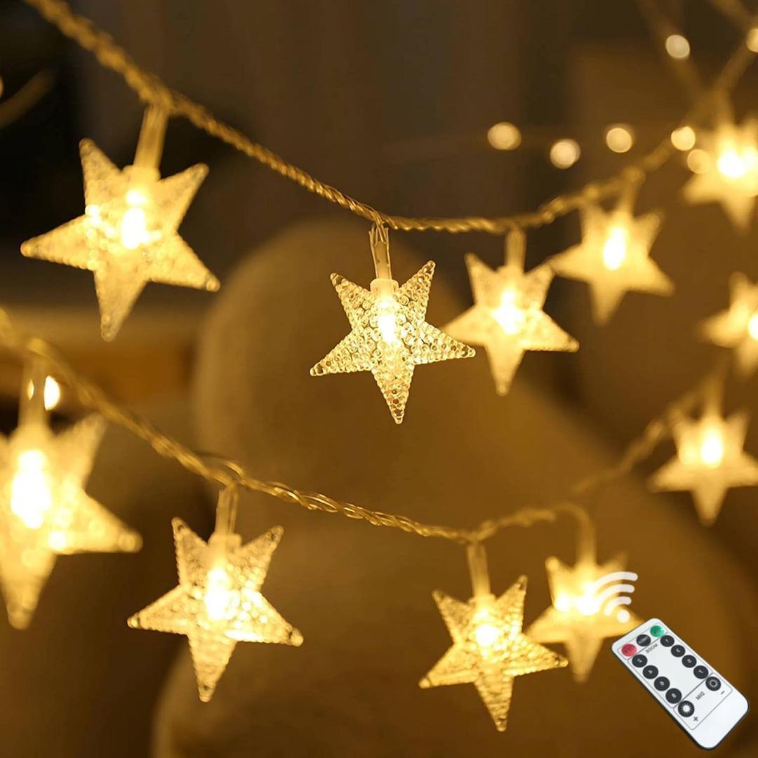 Star String Lights Battery Operated, 20 FT 40 LED 8 Modes Timer Warm White Twinkle Lights Hanging Fairy Light for Bedroom Room Office Party Home Indoor Outdoor Xmas Decor Tree Decorations