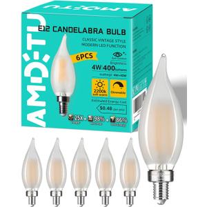 E12 Type C 2200k 40 Watt Equivalent Frosted LED Bulb Candelabra Candle Dimmable Small Base Chandelier Light Ideal for Dining Rooms Living Rooms and bedrooms Long Lasting Light for Cozy Settings (4w=40w 2200k Soft Warm)