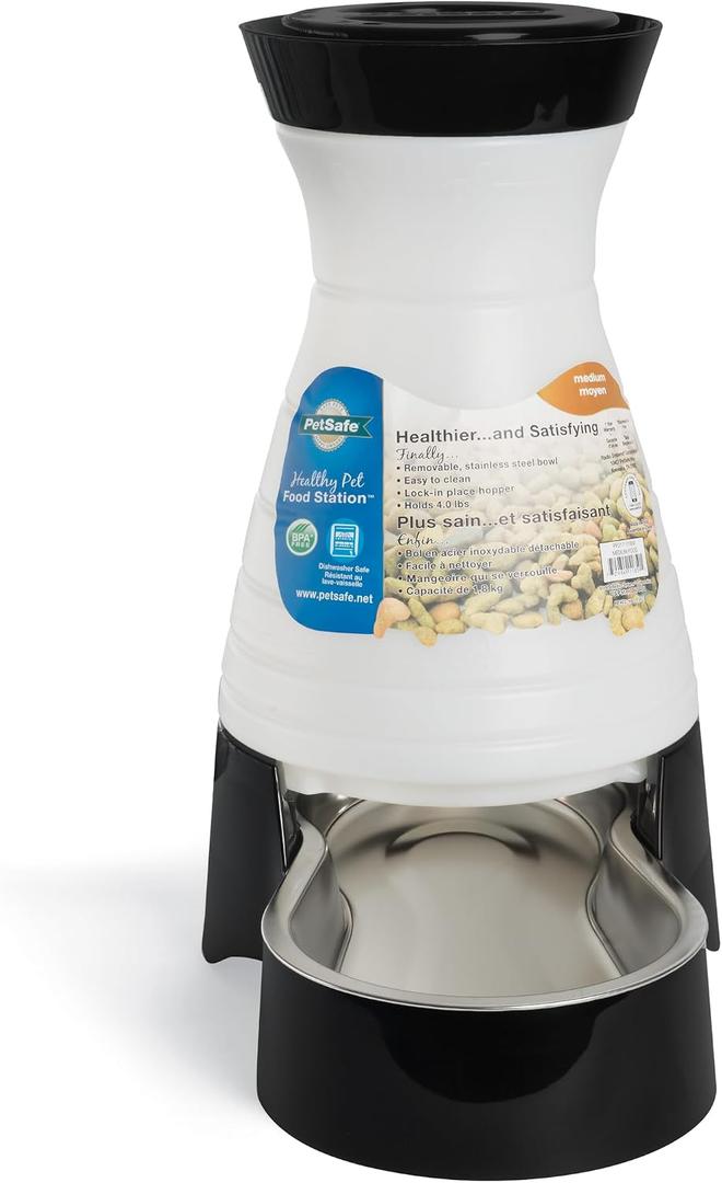 PetSafe Healthy Pet Food Station - Medium, 4 lb Kibble Capacity - Gravity Pet Feeder Dry Food Dispenser, Automatic Cat Feeder, Small to Medium Dog Feeder - Removable Stainless Steel Bowl Included