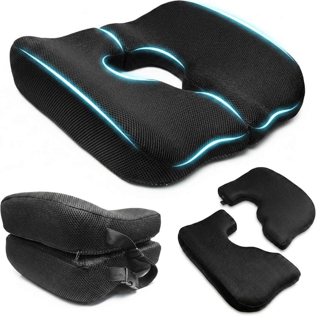 Dual-Piece Donut Pillow for Tailbone Pain, 100% Memory Foam Thick Bed Sore Cushion, T-Shaped Pressure Relief Pillows for Coccyx & Butt (Black)