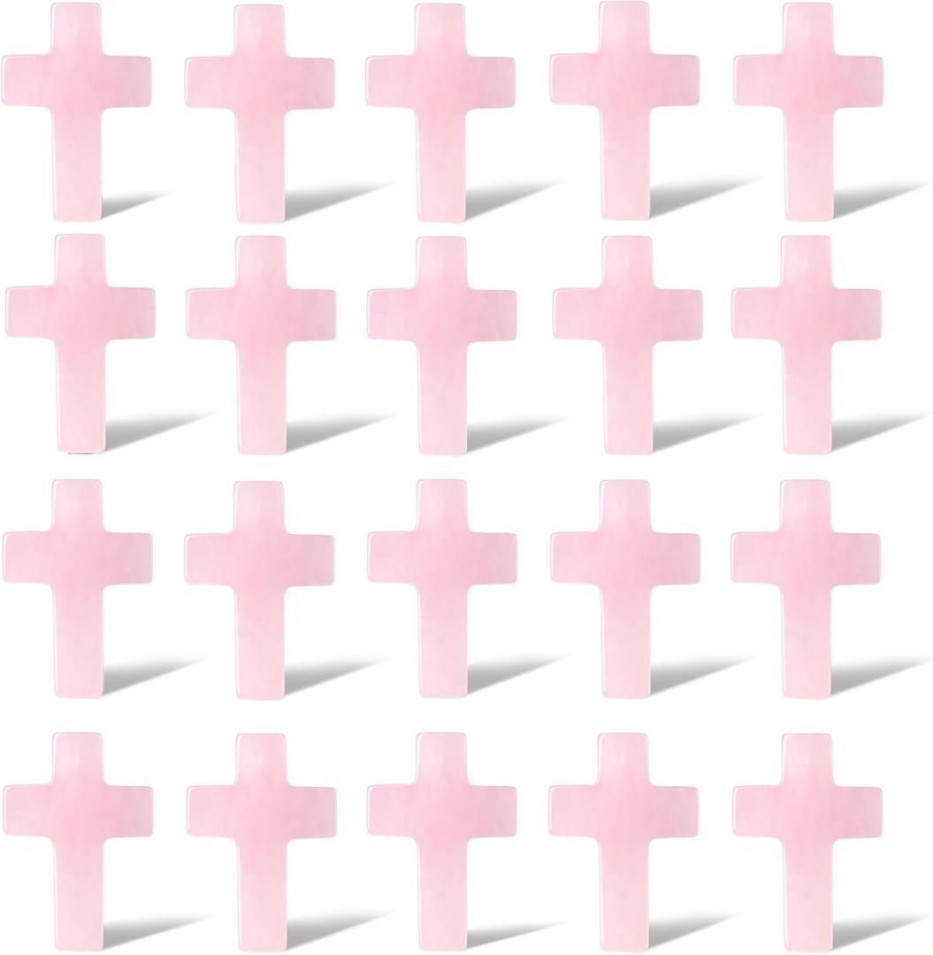 QINJIEJIE Rose Quartz Crystal Cross Stones Bulks Natural Gemstone Pocket Crosses Worry Stones Charm 20PCS Palm Stone for Crafts Necklace Bracelet Jewelry Making Christian Easter Halloween Decor Gifts