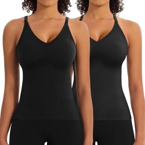 2 Pack Workout Tank Tops with Built in Bra for Women V Neck Seamless Ribbed T-Back Tank & Adjustable Strap Camisole (Large)