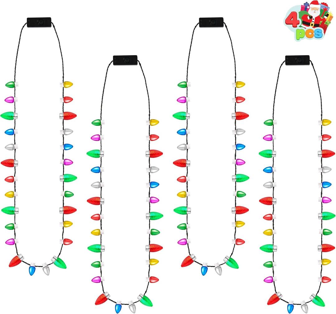 JOYIN 4 Pcs Christmas LED Mini Bulb Necklaces, Xmas Necklace with 26 Bulb Beads & 8 Lightup Beads with 3 Lighting, Light Up Necklaces for Sweater New Year Women Men Family Party Supplies