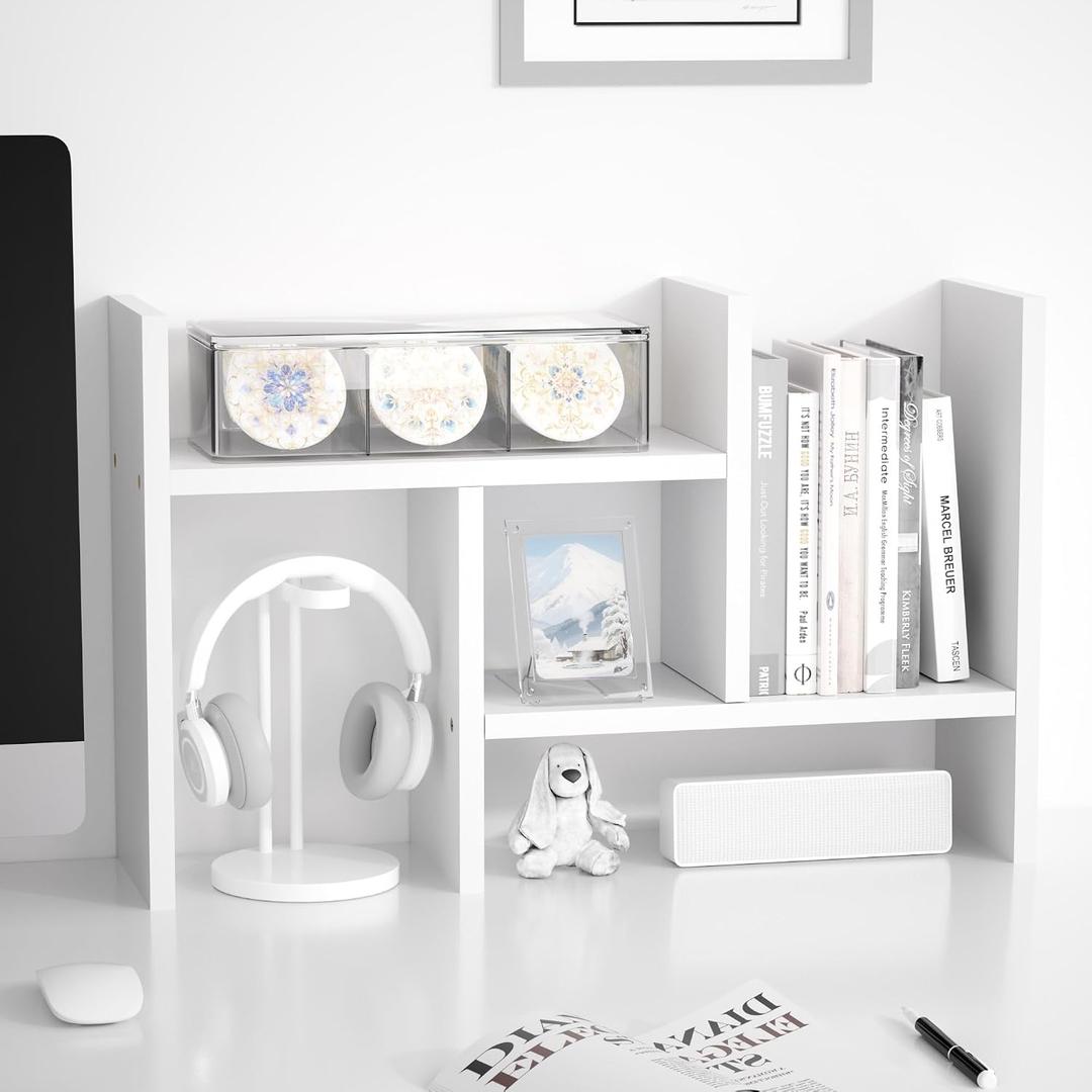 Jerry & Maggie Desktop Organizer Office Storage Rack Adjustable Wood Display Shelf Free Style Double H, Multi-Functional Mini Bookshelf for Desk Natural Stand (White), 14" x 6" x 11.8~23.6" inches