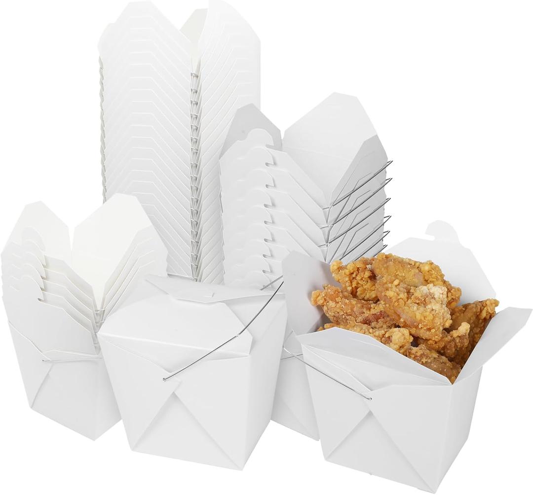 zmybcpack 50 Pack 32oz Chinese Take Out Food Boxes with Metal Wire Handle & Labels, Party Favor Boxes Paper Take Out Food Containers For Hot Or Cold Food, 4.4" x 4" x 4.3"