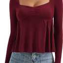 OMKAGI Cute Peplum Babydoll Tops for Women Going Out Double Layer Long Sleeve Shirts (XS)