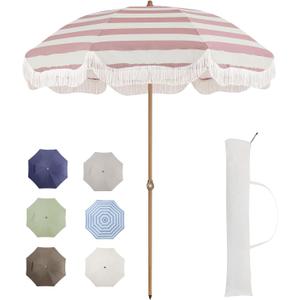 Tempera 7ft Outdoor Patio Umbrella with Carry Bag,Beach Umbrella with Fringe|Vintage Tassel Umbrella with Prime Steel Pole and Ribs Push Button Tilt,Ideal for Garden Lawn,UPF50+ (RED STRIPE)