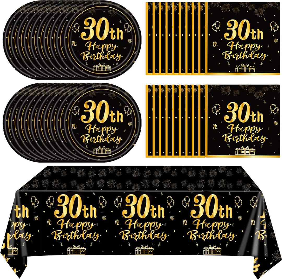 41Pcs 30th Birthday Party Decorations for Men Women, Black Gold Happy 30th Birthday Supplies with 20 Plates, 20 Napkins and 1 Tablecloth, 21 Years Old Party Disposable Tableware Kit for Him Her